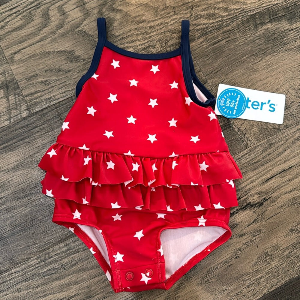 NWT Carters Baby Girl Americana Star Red White and Blue Ruffle Swim with snap
